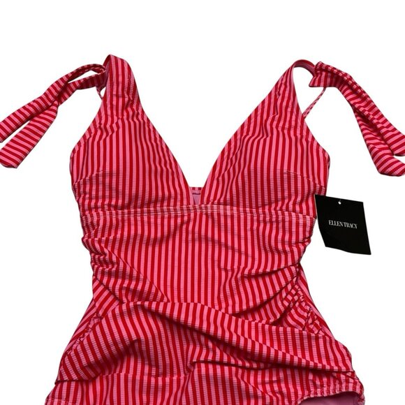 Ellen Tracy Swimsuit Womens 8 Pink Red Ribbed Striped One Piece Tie Shoulders - Picture 2 of 7